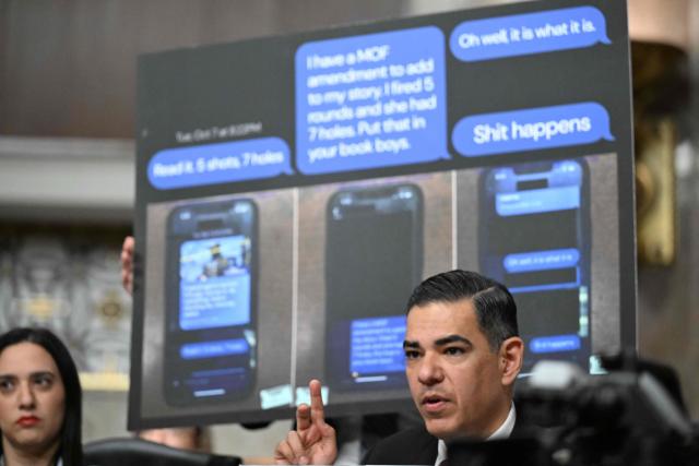 US Representative Robert Garcia, Democrat of California, speaks during a forum on use of force by Department of Homeland Security agents, on Capitol Hill in Washington, DC, on February 3, 2026, as text messages by federal immigration agents are shown on a screen, following the shooting of Marimar Martinez last fall in Chicago. A US judge delivered a blow January 31, 2026 to Minnesota's bid to force Immigration and Customs Enforcement to suspend its sweeping detention and deportation operation in the state that has left two US citizens dead and fueled massive protests. (Photo by ROBERTO SCHMIDT / AFP)