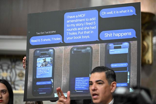 US Representative Robert Garci, Democrat of California, speaks during a forum on use of force by Department of Homeland Security agents, on Capitol Hill in Washington, DC, on February 3, 2026, as text messages by federal immigration agents are shown on a screen, following the shooting of Marimar Martinez last fall in Chicago. A US judge delivered a blow January 31, 2026 to Minnesota's bid to force Immigration and Customs Enforcement to suspend its sweeping detention and deportation operation in the state that has left two US citizens dead and fueled massive protests. (Photo by ROBERTO SCHMIDT / AFP)