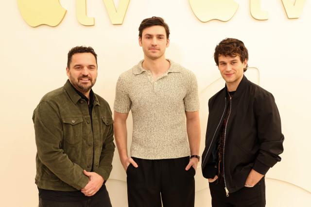 (L-R) US actors Jake Johnson, Charlie Hall and Brandon Flynn attend the Apple TV Press Day in Santa Monica, California, on February 3, 2026. (Photo by VALERIE MACON / AFP)