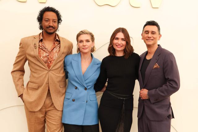(L-R) Mauritanian-Dutch actor Samba Schutte, US actress Rhea Seehorn, US actress Karolina Wydra and Colombian actor Carlos Manuel Vesga attend the Apple TV Press Day in Santa Monica, California, on February 3, 2026. (Photo by VALERIE MACON / AFP)