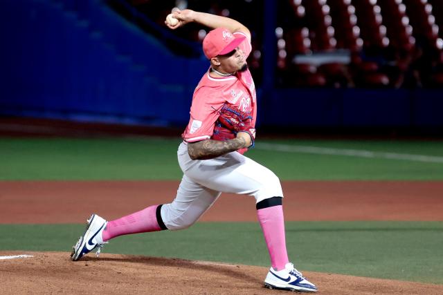 Cangrejeros de Santurce's #39 Eduardo Rivera pithces in the first inning of the Caribbean Series baseball tournament sixth game between Mexico's Charros de Jalisco and Puerto Rico's Cangrejeros de Santurce at the Panamerican Stadium in Jalisco, Mexico, on February 3, 2026. (Photo by Ulises Ruiz / AFP)