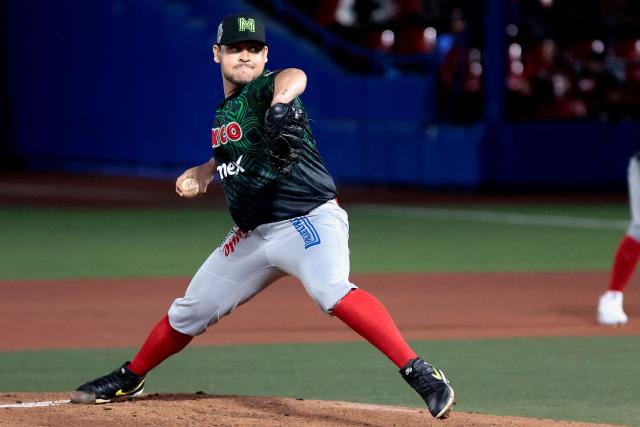 Charros de Jalisco's #45 Luis Fernando Miranda pithces in the first inning of the Caribbean Series baseball tournament sixth game between Mexico's Charros de Jalisco and Puerto Rico's Cangrejeros de Santurce at the Panamerican Stadium in Jalisco, Mexico, on February 3, 2026. (Photo by Ulises Ruiz / AFP)