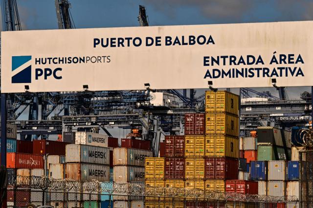 (FILES) View of the main entrance of the port of Balboa in Panama City, taken on January 30, 2026. The subsidiary of Hong Kong-based CK Hutchison, Panama Ports Company (PPC), announced on February 3 that it had initiated international arbitration proceedings against Panama after the Central American country's courts revoked the concession allowing it to operate two ports on the interoceanic canal. (Photo by MARTIN BERNETTI / AFP)