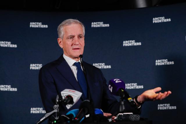 Prime Minister of Norway Jonas Gahr Store speaks during a press conference at the annual Arctic Frontiers conference in Tromsø on February 4, 2026. (Photo by Rune Stoltz Bertinussen / NTB / AFP) / Norway OUT