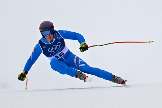Italy's Giovanni Franzoni competes in the first official training for the men's downhill alpine skiing event ahead of the Milano Cortina 2026 Winter Olympic Games at the Stelvio Ski Centre in Bormio (Valtellina) on February 4, 2026. (Photo by Fabrice COFFRINI / AFP)