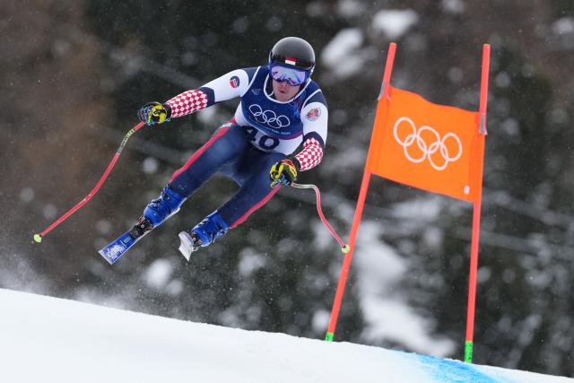 Monaco's Arnaud Alessandria takes part in  the first official training for the men's downhill alpine skiing event ahead of the Milano Cortina 2026 Winter Olympic Games at the Stelvio Ski Centre in Bormio (Valtellina) on February 4, 2026. (Photo by Dimitar DILKOFF / AFP)