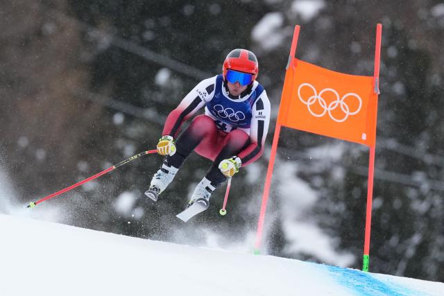 Latvia's Elvis Opmanis takes part in  the first official training for the men's downhill alpine skiing event ahead of the Milano Cortina 2026 Winter Olympic Games at the Stelvio Ski Centre in Bormio (Valtellina) on February 4, 2026. (Photo by Dimitar DILKOFF / AFP)