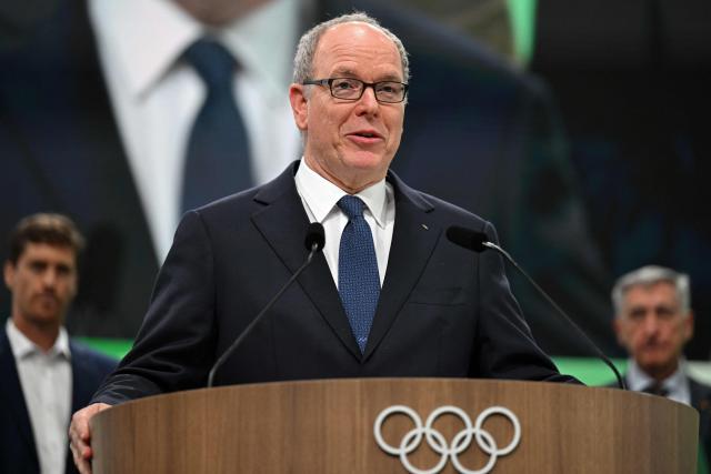 Prince Albert II of Monaco speaks during the announcement of the winners of Climate Action Awards 2025 by International Olympic Committee (IOC) ahead of the Milano Cortina 2026 Winter Olympic Games, in Milan on February 4, 2026. (Photo by Piero CRUCIATTI / AFP)