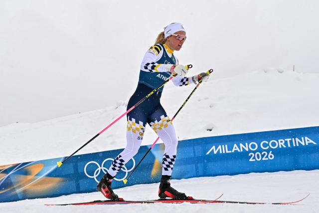Sweden's Emma Ribom trains ahead of the cross-country events of the Milano Cortina 2026 Winter Olympic Games at Tesero Cross-Country Skiing Stadium in Lago di Tesero (Val di Fiemme) on February 4, 2026. (Photo by JAVIER SORIANO / AFP)