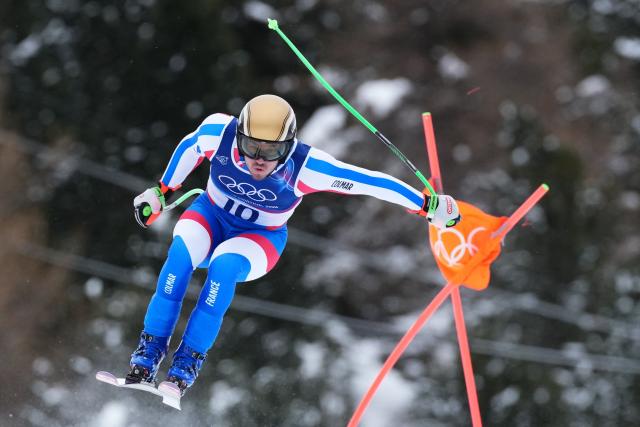 France's Nils Allegre takes part in  the first official training for the men's downhill alpine skiing event ahead of the Milano Cortina 2026 Winter Olympic Games at the Stelvio Ski Centre in Bormio (Valtellina) on February 4, 2026. (Photo by Dimitar DILKOFF / AFP)