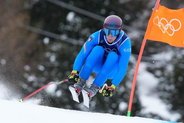 Italy's Giovanni Franzoni takes part in  the first official training for the men's downhill alpine skiing event ahead of the Milano Cortina 2026 Winter Olympic Games at the Stelvio Ski Centre in Bormio (Valtellina) on February 4, 2026. (Photo by Dimitar DILKOFF / AFP)