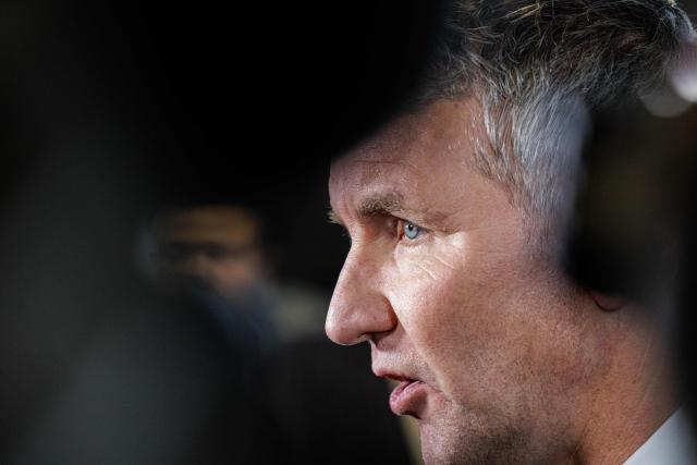 Bjoern Hoecke, regional chairman of the far-right Alternative for Germany (AfD) party in Thuringia and chairman of the AfD faction gives a TV interview at the Thuringian State Parliament, on February 4, 2026 in Erfurt, Germany after a no-confidence vote against Thuringia's State Premier. The far-right Alternative for Germany (AfD) failed with a constructive vote of no confidence against Thuringia’s State Premier Mario Voigt. (Photo by JENS SCHLUETER / AFP)