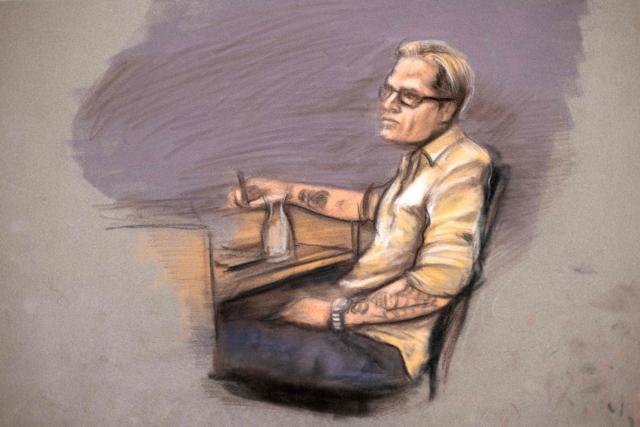 A court sketch depicts Marius Borg Hoiby, son of Norwegian Crown Princess Mette-Marit during the first day of a trial in Oslo at the District Court on February 4, 2026. The son of Norway's crown princess, on trial accused of raping four women, admitted to a life of excess due to "an extreme need for recognition" when he took the stand. (Photo by Ane Hem / NTB / AFP) / Norway OUT