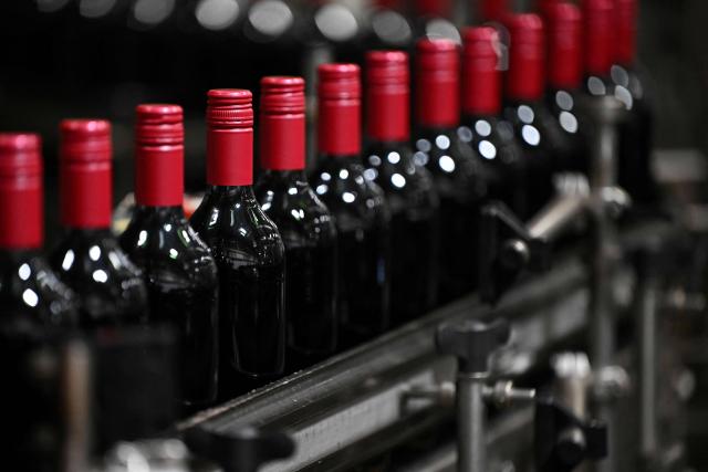 Newly manufactured bottles move around a conveyor belt after being filled with wine at a factory run by British glass containers maker and filler, Encirc, in Elton, north-west England on February 4, 2026. (Photo by Paul ELLIS / AFP)