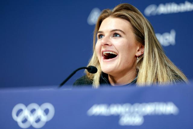 New Zealand's alpine skier Alice Robinson smiles during a press conference ahead of the Milano Cortina 2026 Winter Olympic Games in Cortina d'Ampezzo on February 4, 2026. (Photo by Odd ANDERSEN / AFP)