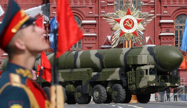 (FILES) A Russian Topol-M ICBM drives across Red Square in a Victory Day Parade in Moscow on May 9, 2008. Russia vowed on February 4, 2026,  to act "responsibly" should its last nuclear treaty with the United States expire on February 5, amid mounting fears the agreement's collapse could spur a new arms race between the top nuclear powers. The New START agreement, signed in 2010, limits the number of nuclear warheads each side can deploy. (Photo by Yuri KADOBNOV / AFP)
