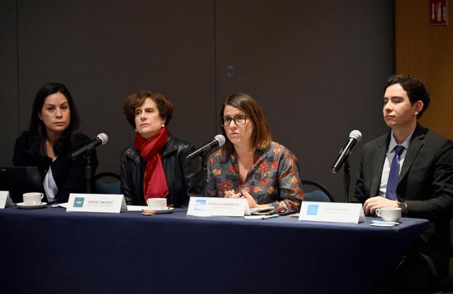 (L to R) Lisa Sanchez from Mexico United Against Crime, Denise Dresser, professor and political analyst at ITAM, Juanita Goebertus from Human Rights Watch, and Andre Rangel, communications director for the Americas at Human Rights Watch, attend a presentation on their analysis of the situation in Latin America as part of the launch of HRW's global report, in Mexico City on February 4, 2026. (Photo by Alfredo ESTRELLA / AFP)