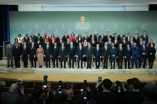US Secretary of State Marco Rubio (C) participates in a family photo with attendees of the inaugural Critical Minerals Ministerial meeting at the Sate Department in Washington, DC, on February 4, 2026. (Photo by Oliver Contreras / AFP)