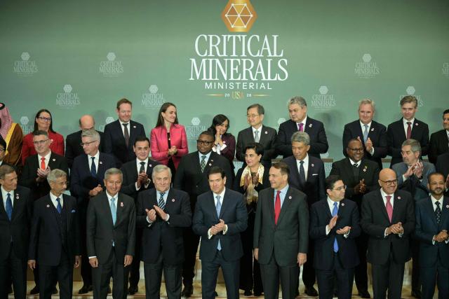US Secretary of State Marco Rubio (lower C) participates in a family photo during the inaugural Critical Minerals Ministerial meeting at the Sate Department in Washington, DC, on February 4, 2026. (Photo by Oliver Contreras / AFP)