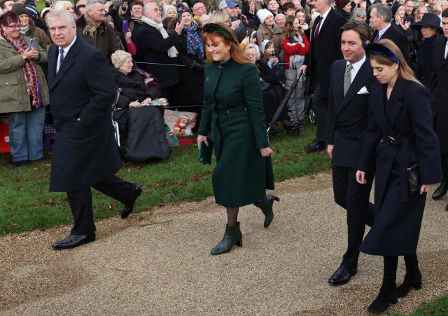 (FILES) Britain's Prince Andrew, Duke of York (L), Sarah, Duchess of York (2L) Edoardo Mapelli Mozzi (2R) and Britain's Princess Beatrice of York (R) arrive for the Royal Family's traditional Christmas Day service at St Mary Magdalene Church on the Sandringham Estate in eastern England, on December 25, 2023. Britain's former prince Andrew is under intense pressure to explain his close ties to  late American financier Jeffrey Epstein after the US Justice Department released a new batch of documents on January 30, 2026. Andrew, who has strenuously denied any wrongdoing, was ousted from his Windsor mansion home alongside his ex-wife Sarah Ferguson, also tarnished by the Epstein affair, earlier than planned the BBC reported on February 4, 2026. (Photo by Adrian DENNIS / AFP)