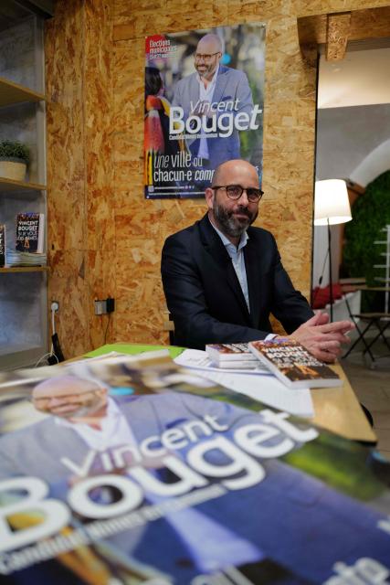 Nimes' City Councillor and candidate for mayor of Nimes, Vincent Bouget poses during a photo session in Nimes, souther France on February 4, 2026. (Photo by Sylvain THOMAS / AFP)