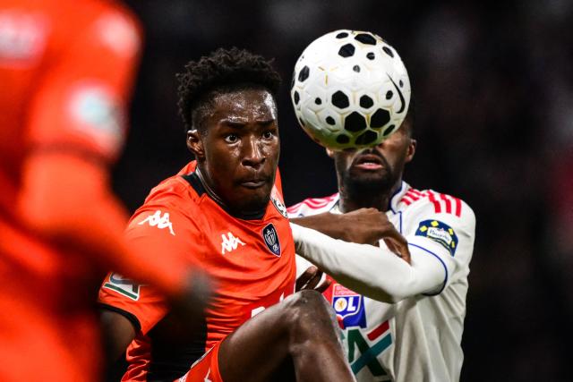 Laval's Malian forward #09 Mamadou Camara eyes the ball during the French Cup round of 16 football match between Olympique Lyonnais (OL) and Stade Laval at the Parc Olympique Lyonnais Goupama stadium in Decines-Charpieu, central-eastern France on February 4, 2026. (Photo by OLIVIER CHASSIGNOLE / AFP)