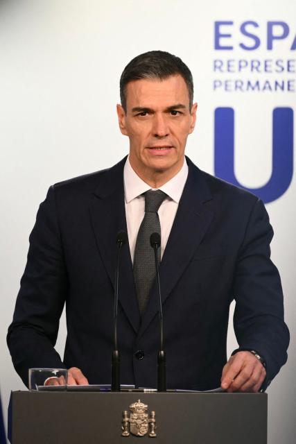 (FILES) Spain's Prime Minister Pedro Sanchez delivers a speech for a closing press conference after an emergency meeting of the European Council over US President's Greenland threats, at the European headquarters in Brussels, on January 22, 2026. Telegram founder Pavel Durov on February 4, 2026 joined fellow tech tycoon Elon Musk in slamming Spanish Prime Minister Pedro Sanchez over his "dangerous" plan to ban social media for under-16s. The Socialist leader announced a series of measures in Dubai on February 3, 2026 to protect Spanish minors from harmful social media content such as violence and pornography. (Photo by NICOLAS TUCAT / AFP)