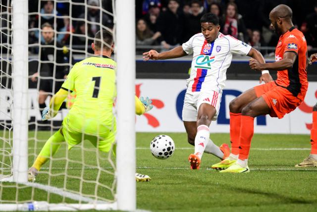 Lyon’s Brazilian forward #09 Endrick shoots during the French Cup round of 16 football match between Olympique Lyonnais and Laval Stade Mayenne FC at Groupama Stadium in Lyon on February 4, 2026. (Photo by OLIVIER CHASSIGNOLE / AFP)