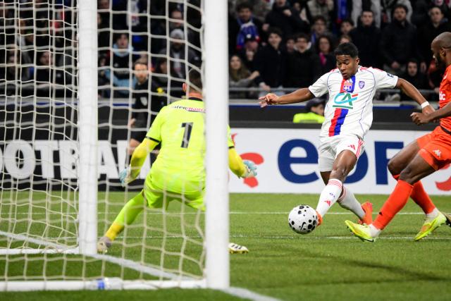 Lyon’s Brazilian forward #09 Endrick shoots during the French Cup round of 16 football match between Olympique Lyonnais and Laval Stade Mayenne FC at Groupama Stadium in Lyon on February 4, 2026. (Photo by OLIVIER CHASSIGNOLE / AFP)