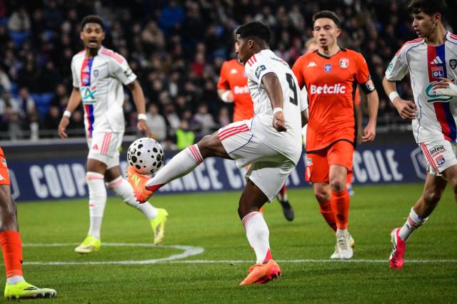 Lyon’s Brazilian forward #09 Endrick controls the ball during the French Cup round of 16 football match between Olympique Lyonnais and Laval Stade Mayenne FC at Groupama Stadium in Lyon on February 4, 2026. (Photo by OLIVIER CHASSIGNOLE / AFP)