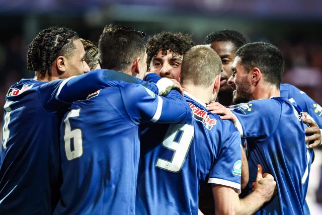 Troyes' French midfielder #05 Martin Adeline (C) celebrates scoring his team's first goal during the French Cup round of 16 football match between Estac Troyes and Lens RC at the Stade de l'Aube in Troyes on February 4, 2026. (Photo by Sameer Al-DOUMY / AFP)