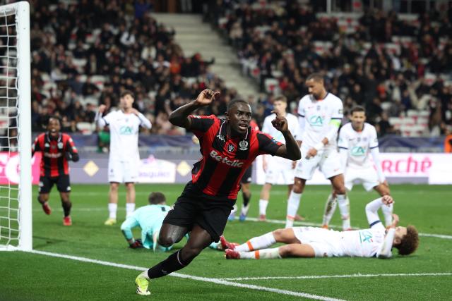 Nice's Senegalese defender #05 Antoine Mendy Medy (R) celebrates scoring his team's second goal during the French Cup round of 16 football match between OGC Nice CA and Montpellier HSC at the Allianz Riviera in Nice on February 4, 2026. (Photo by Valery HACHE / AFP)