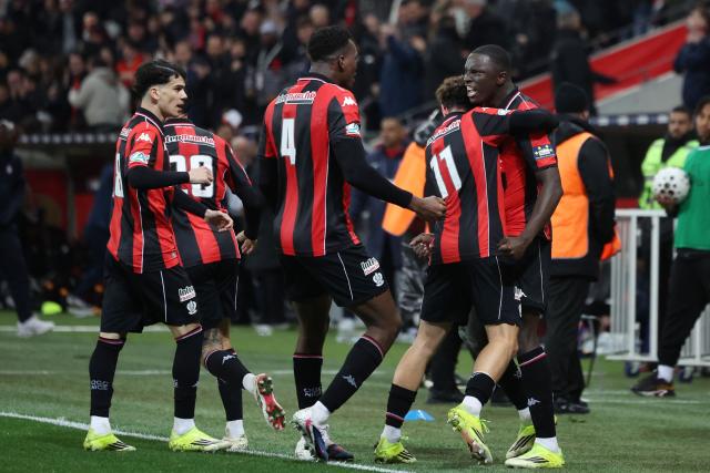 Nice's Senegalese defender #05 Antoine Mendy Medy (R) celebrates scoring his team's second goal during the French Cup round of 16 football match between OGC Nice CA and Montpellier HSC at the Allianz Riviera in Nice on February 4, 2026. (Photo by Valery HACHE / AFP)