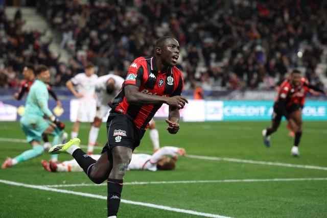 Nice's Senegalese defender #05 Antoine Mendy Medy celebrates scoring his team's second goal during the French Cup round of 16 football match between OGC Nice CA and Montpellier HSC at the Allianz Riviera in Nice on February 4, 2026. (Photo by Valery HACHE / AFP)