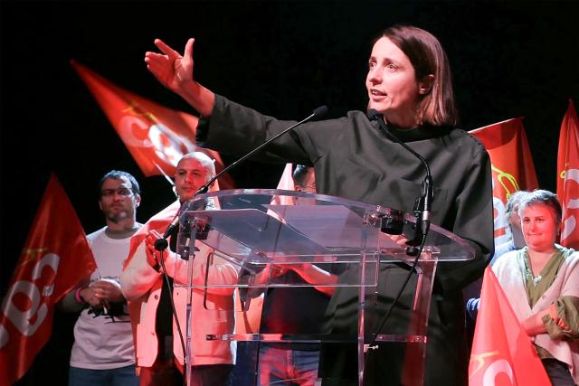 French trade union General Confederation of Labour (CGT) secretary general Sophie Binet gestures on stage as she addresses the audience during the audience during a French trade union General Confederation of Labour (CGT) meeting for trade union freedoms in Montreuil, near Paris on February 4, 2026. (Photo by Thomas SAMSON / AFP)