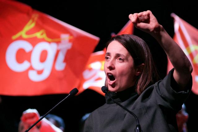 French trade union General Confederation of Labour (CGT) secretary general Sophie Binet gestures on stage as she addresses the audience during the audience during a French trade union General Confederation of Labour (CGT) meeting for trade union freedoms in Montreuil, near Paris on February 4, 2026. (Photo by Thomas SAMSON / AFP)