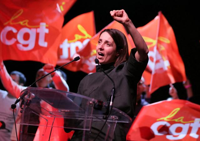 French trade union General Confederation of Labour (CGT) secretary general Sophie Binet gestures on stage as she addresses the audience during the audience during a French trade union General Confederation of Labour (CGT) meeting for trade union freedoms in Montreuil, near Paris on February 4, 2026. (Photo by Thomas SAMSON / AFP)