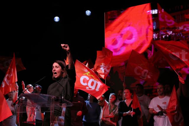 French trade union General Confederation of Labour (CGT) secretary general Sophie Binet gestures on stage as she addresses the audience during the audience during a French trade union General Confederation of Labour (CGT) meeting for trade union freedoms in Montreuil, near Paris on February 4, 2026. (Photo by Thomas SAMSON / AFP)