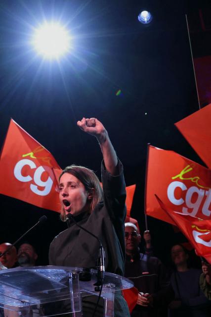 French trade union General Confederation of Labour (CGT) secretary general Sophie Binet gestures on stage as she addresses the audience during the audience during a French trade union General Confederation of Labour (CGT) meeting for trade union freedoms in Montreuil, near Paris on February 4, 2026. (Photo by Thomas SAMSON / AFP)