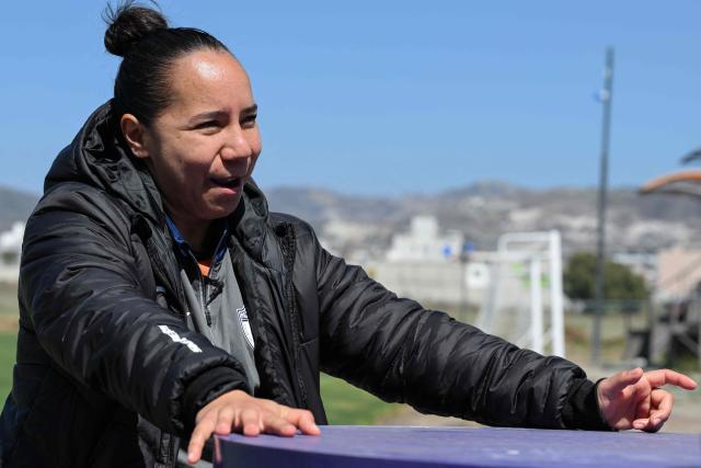 Pachuca women’s team forward Charlyn Corral, who has been named the world’s best goalscorer by the International Federation of Football History & Statistics (IFFHS), attends an interview after a training session at the Pachuca Women’s Football Club complex in Pachuca, Hidalgo state, Mexico, on February 4, 2026. (Photo by Yuri CORTEZ / AFP)
