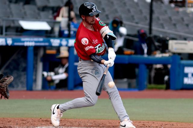 Federales de Chiriqui's #3 Austin Dennis bats in the fourth inning of the Caribbean Series baseball tournament seventh game between Panama's Federales de Chiriqui and Dominican Republic's Leones del Escogido at the Panamerican Stadium in Jalisco, Mexico, on February 4, 2026. (Photo by Ulises Ruiz / AFP)