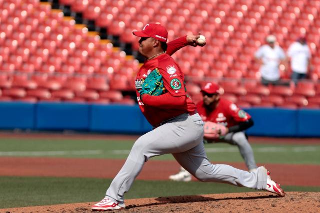 Federales de Chiriqui's #58 Steven Fuentes pitches in the fourth inning of the Caribbean Series baseball tournament seventh game between Panama's Federales de Chiriqui and Dominican Republic's Leones del Escogido at the Panamerican Stadium in Jalisco, Mexico, on February 4, 2026. (Photo by Ulises Ruiz / AFP)