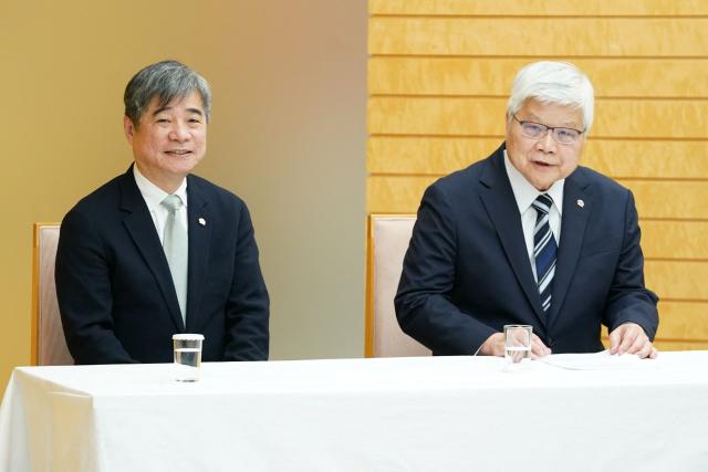 TSMC Chairman CC Wei (R) and Vice President Jonathan Lee (L) attend a meeting with Japan's Prime Minister Sanae Takaichi at the Prime Minister's Office in Tokyo on February 5, 2026. (Photo by Kazuhiro NOGI / POOL / AFP)
