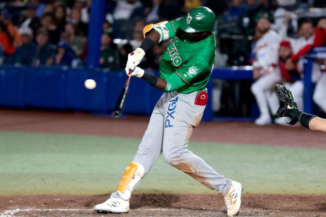 Tomateros de Culiacan's #47 Estevan Florial bats in the sixth inning of the Caribbean Series baseball tournament eight game between Mexico's Tomateros de Culiacan and Mexico's Charros de Jalisco at the Panamerican Stadium in Jalisco, Mexico, on February 4, 2026. (Photo by Ulises Ruiz / AFP)