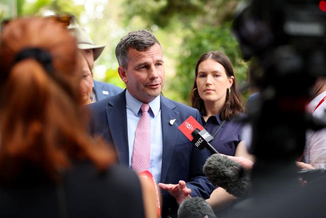 New Zealand Deputy Prime Minister David Seymour speaks to the media during a ceremony to commemorate Waitangi Day in Waitangi on February 5, 2026. New Zealand's Prime Minister Christopher Luxon was heckled by a Maori crowd on February 5 during a speech marking national Waitangi Day celebrations, an annual political gathering that gives Indigenous tribes a chance to air grievances. (Photo by Ben STRANG / AFP)