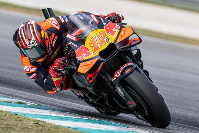 Red Bull KTM Tech3 team's Spanish MotoGP rider Maverick Vinales takes a corner during the third day of the 2026 MotoGP pre-season test at the Sepang International Circuit in Sepang on February 5, 2026. (Photo by Mohd Rasfan / AFP)