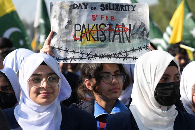 Students march during a rally to mark Pakistan's Kashmir Solidarity Day in Islamabad on February 5, 2026. (Photo by Aamir QURESHI / AFP)
