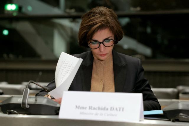 France's Culture Minister Rachida Dati reads notes prior to the start of a hearing before the commission d'enquete parlementaire sur l'audiovisuel public (parliamentary inquiry commission on public broadcasting) at the National Assembly, French parliament lower house, in Paris on February 5, 2026. (Photo by Thomas SAMSON / AFP)