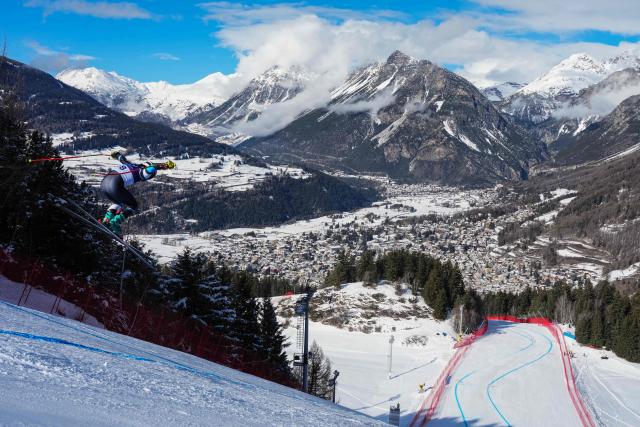 Israel's Barnabas Szollos soars over a jump during the second official training for the men's downhill alpine skiing event ahead of the Milano Cortina 2026 Winter Olympic Games at the Stelvio Ski Centre in Bormio (Valtellina) on February 5, 2026. (Photo by Dimitar DILKOFF / AFP)