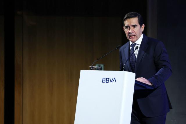 Spain's Bilbao Vizcaya Argentaria Bank (BBVA) Executive Chairman Carlos Torres gives a press conference to announce the company's 2025 annual results in Madrid on February 5, 2026. Spanish banking giant BBVA today reported a record annual profit, shrugging off the rollercoaster ride of its failed hostile takeover bid for its biggest national rival Sabadell. (Photo by Pierre-Philippe MARCOU / AFP)